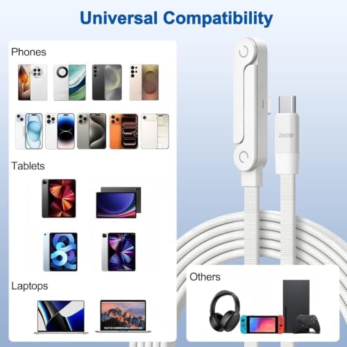 USB C to USB C Charger Cable 3Pack 5FT, 240W 2-in-1 Nylon Braided USB C Charger Cable with Built-in Phone Stand, Fast Charging Cord 90° Right Angle Compatible with iPhone iPad Samsung Galaxy, White
