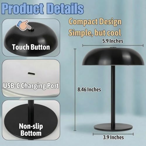 2 Pack Portable LED Mushroom Table Lamp, Metal Cordless Desk Night Light, Stepless Dimming Touch Lamp with 3 Colors for Bedroom Bedside Restaurant Bar, Black