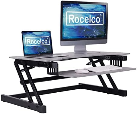 Rocelco 37.5" Deluxe Height Adjustable Standing Desk Converter - Quick Sit Stand Up Dual Monitor Riser - Gas Spring Assist Computer Workstation - Large Retractable Keyboard Tray - Gray (R DADRG)