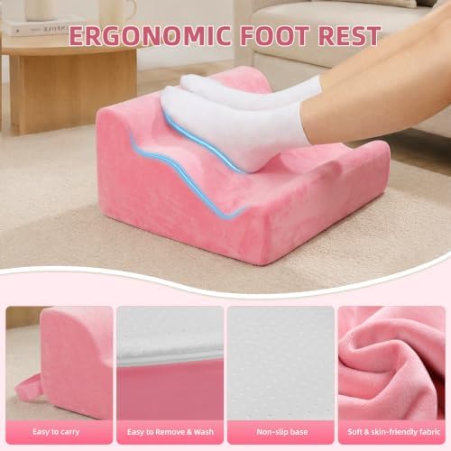 Foot Rest Ergonomic Pillow for Under Desk at Work & Handle Pink