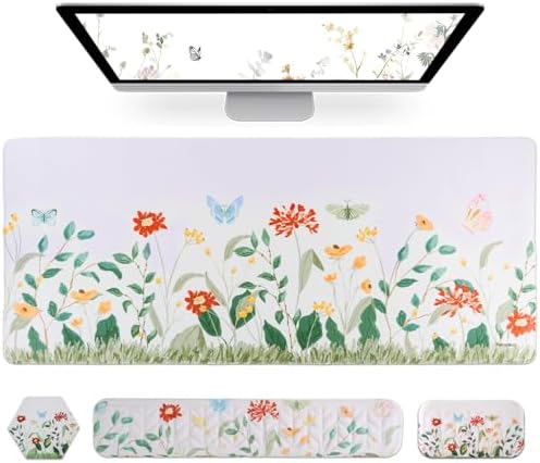 Petmolico 4-in-1 Wrist Rest Set with Desk Pad, Silver Wild Flowers