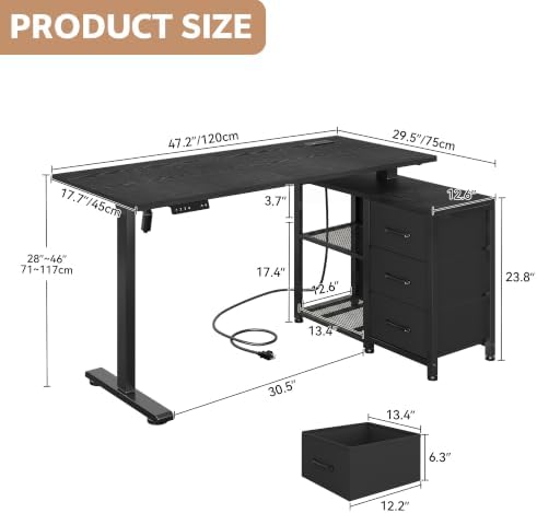 47 Inch L Shaped Desk with 3 Drawers Electric Standing Desks Black