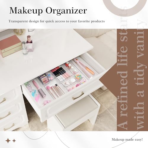 Criusia 14 PCS Clear Plastic Drawer Organizer Set - 5 Large Size Versatile Kitchen and Bathroom Organizer Trays, Non-Slip Storage Bins for Makeup, Utensils, Tool and Office Desk