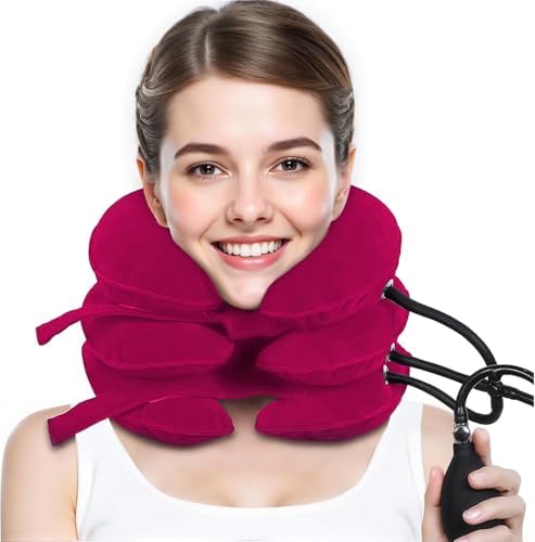 Neck Stretcher, Cervical Traction Device, Neck Traction Device, Cervical Neck Traction Device for Neck Pain Relief, Adjustable Inflatable Neck Brace, Neck Decompression Home Use (Red)