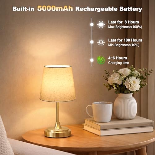 Wowag Small Cordless Table Lamp Rechargeable,5000mAh Battery Operated Desk Lamp,3 Colors & 7 RGB Stepless Dimmable,Touch Ambient Light for Bedside,Bedroom,Dining Room,Living Room,Gold,FlaxenShade