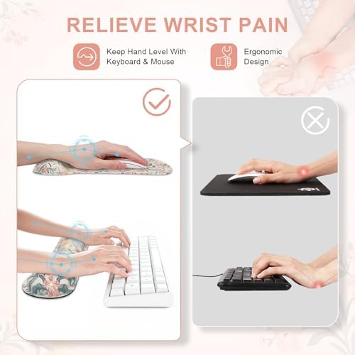 iCasso Ergonomic Mouse Pad, Keyboard Wrist Rest, Memory Foam Mousepad with Wrist Support, Easy Typing and Relieve Wrist Pain Keyboard Pad for Computer(Pink Floral)