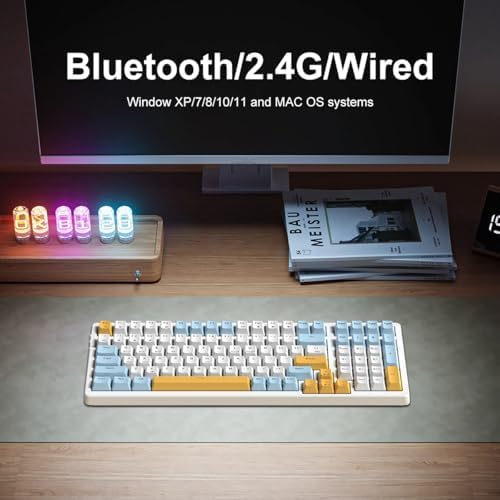 Merdia Wireless Mechanical Keyboard, Triple Mode 2.4G/USB-C/BT Gaming Keyboards 100 Keys Ice-Blue Backlit Brown Switch Keyboard | Rechargeable Mechanical Gaming Keyboards | Ice Blue/W/Y