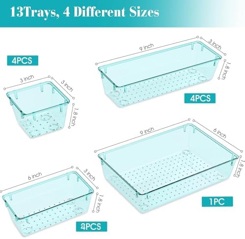 13 PCS Plastic Drawer Organizers Set, 4 Size Desk Drawer Organizer Trays