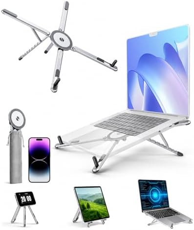 Laptop Stand for Desk, 8-Level Adjustable, Magnetic Phone Mount Silver