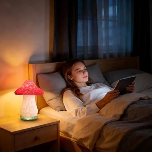 Cordless Mushroom Lamp - Rechargeable Touch Lamp for Nightstand, 3 Color Temperature Bedside Lamp with Rotating Castle Shade, Battery Operated Small Lamp for Bedroom, Nursery, Kids Room