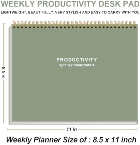 Weekly Productivity Dashboard - 8.5" x 11" Dashboard Desk Notepad Has 6 Focus Areas to List Tasks for Goals, Projects, Clients, Academic or Meal-Organize Your Daily Work Efficiently, 54 Weeks, Green