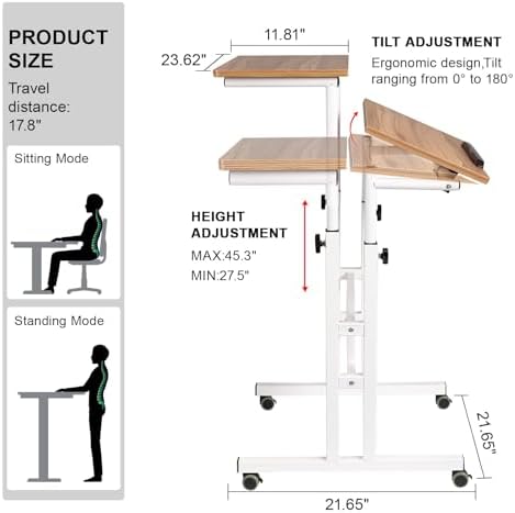 Hadulcet Mobile Standing Desk with Charging Station, Adjustable Standing Computer Desk, Standing Adjustable Laptop Cart with Wheels for Home Office Classroom Vintage Oak