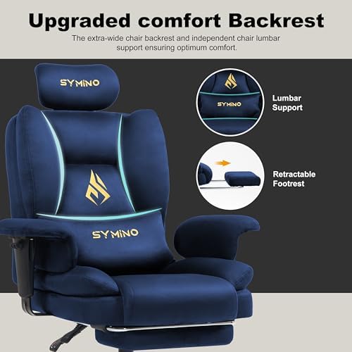 Symino Gaming Chair with Footrest, Up/Down Armrests, Suede Fabric Ergonomic Office Chair, 155° Recline Computer Chair for Desk, Darkblue
