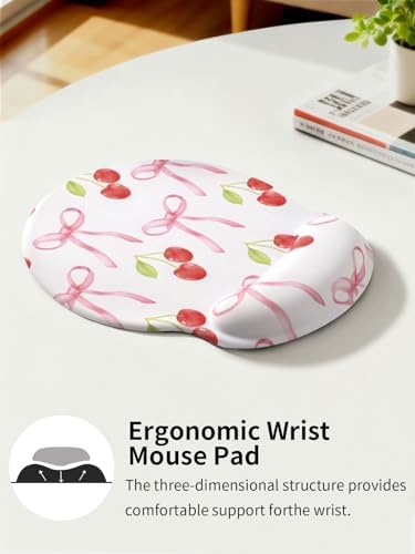 Seorsok Ribbon Bow Cherry Mouse Pad with Gel Wrist Support Mouse Pad,Ergonomic Aesthetic,Comfort Mousepad for Office Work Computer,Pain Relief Mousepad with Non-Slip Silicone Base,Bow&Red Cherry