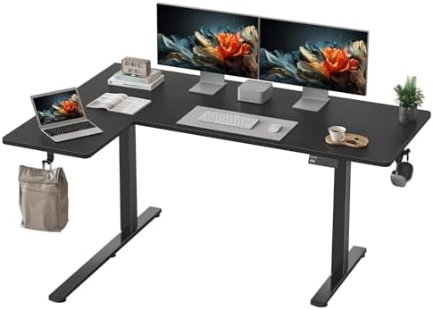 YIHAYO Reversiable L-Shaped Electric Standing Desk, 59 Inches Stand Up Corner Desk, Sit and Stand Up for Work Office Home, Ergonomic Rising Computer Table with Splice Board, Black