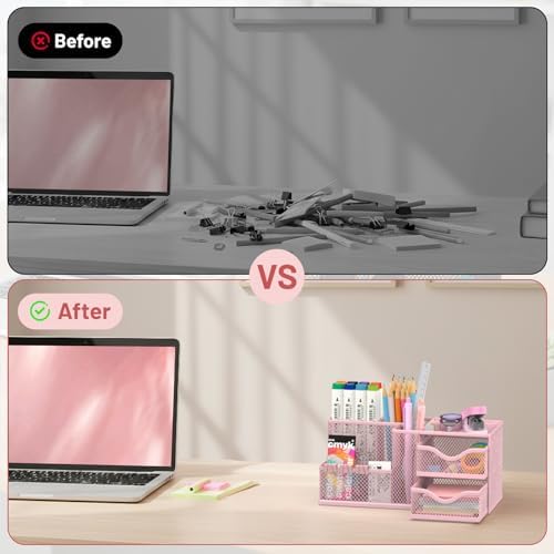 Mesh Desk Organizer with 2 Drawers, Metal Pen Holder for Desk, Pink
