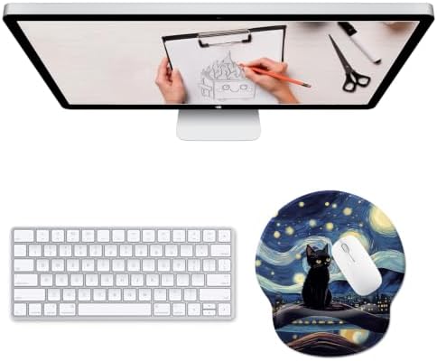 Hancynir Black Cat Starry Night Ergonomic Mouse Pad with Wrist Support