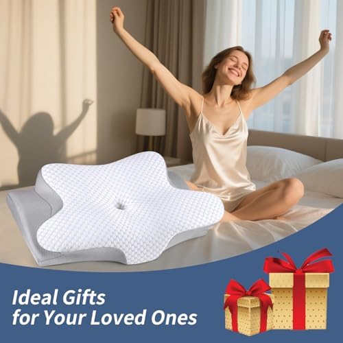 Cervical Pillow for Neck Pain Relief, Ergonomic Neck Pillow for Sleeping, Contour Side Sleeper Pillow for Neck Support, Orthopedic Cooling Memory Foam Pillows for Back Stomach Sleepers (White)