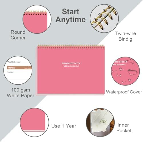 Weekly Productivity Planner - 8" x 11" Dashboard Desk Pad/Planner, Habit Tracker, Spiral Undated Weekly Planner for Office/School/Home, 54 Weeks, Pink