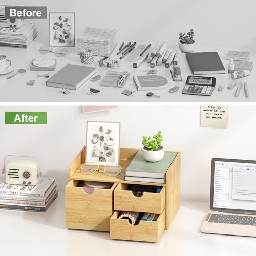 Bamboo Desk Organizer with Drawers, Desktop Storage for Office Supplies