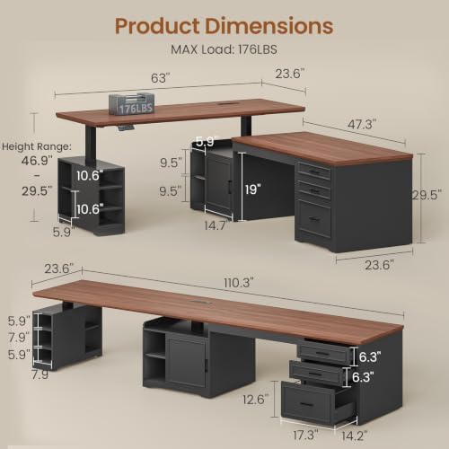 SEDETA Farmhouse L Shaped Standing Desk with Storage, Black+Brown