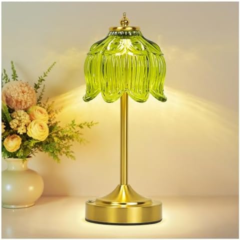 Cordless Table Lamp, Rechargeable Green Glass Lotus Flower Lamp