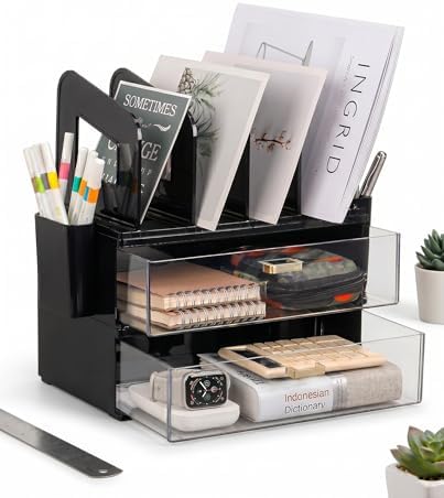 LALOBLUE Acrylic Desk Organizer with Drawer and Vertical File Holder, Desk Organizers and Accessories, Multi-Functional Office Supplies Organizer for Home or Work Desk, Black