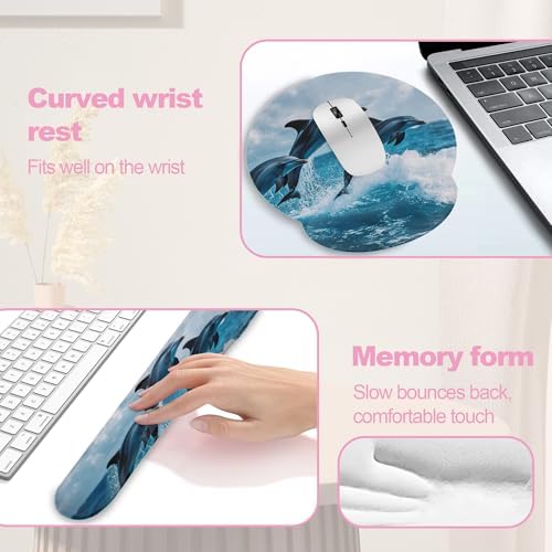 Dolphins in Ocean Ergonomic Wrist Support Keyboard Mouse Wrist Rest Set, Computer Office Comfortable Wrist Rest for Mouse Easy Typing