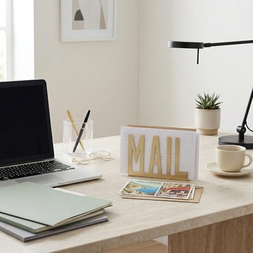MyGift Mail Holder Organizer Countertop Modern Brass Metal with Cutout MAIL Lettering Design, Office Desktop Envelope and Document Storage Rack