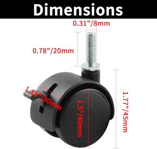 HOWDIA 1.5 Inch Swivel Caster Wheels for Cart, M8-1.25×20mm Threaded Stem Heavy Duty Casters with Brake, Nylon Wheels Replacement for Furniture, Table, Cabinet, Shelf(4 Pack)