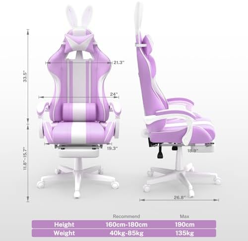 Ferghana Kawaii Light Purple Gaming Chair with Bunny Ears, Ergonomic Cute Gamer Chair with Footrest and Massage, Racing Reclining Leather Office Computer Game Chair for Girls Adults Teens Kids