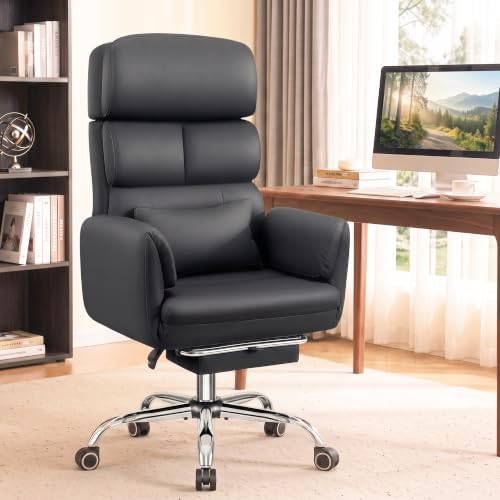 Big and Tall Leather Office Chair, Cross Legged Flip Arms, Black