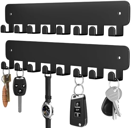 pickpiff Key Holder Wall Mount, Adhesive Key Rack with 8 Hooks Hanger for Car Key Ring, Metal Key Chain Organizer, Black 2 Pack