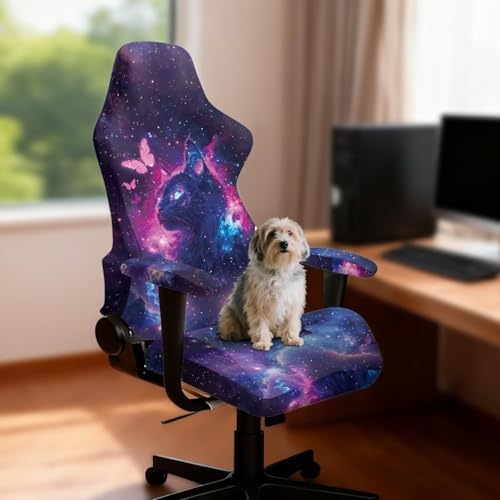 Cat Galaxy Gaming Chair Protector Slipcover 4-Piece Fits Office/PC Boss Recliners Anti-Scratch Washable with Zipper for Living Room