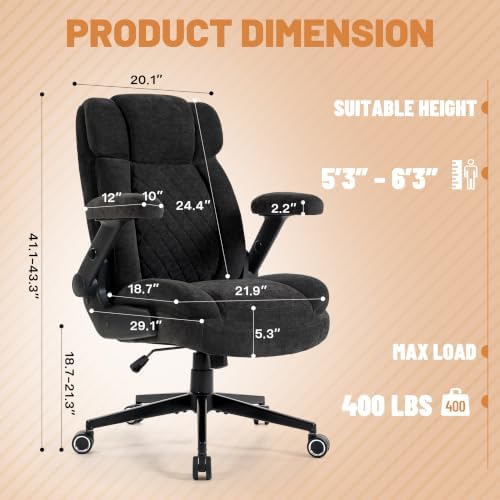 400lbs Executive Office Chair with 5D Flip Armrests, Black Fabric
