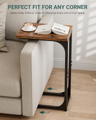 C-Shaped Side Table for Couch - Small Coffee Stand Sofa Tray Desk with Metal Frame and Waterproof Scratch Resistant, Modern End Accent for Living Room, Bedroom, Small Spaces, Rustic Brown