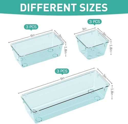 9 Pack Clear Drawer Organizer Set, Drawer Storage Trays, Storage Bins