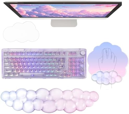Gel Cloud Wrist Rest Keyboard Clear Mouse Pad with Wrist Rest Set 3PCS Ergonomic Acrylic Coaster Non-Slip Base Cute Transparent Cool Wrist Pad for Keyboard and Mouse Computer Gradient Pink Blue