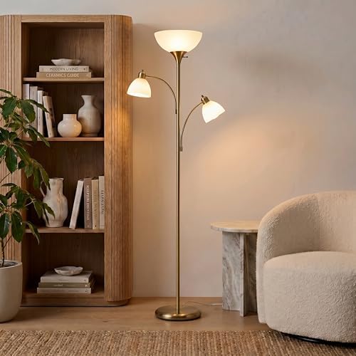 Brightech Sky Dome Double LED Floor lamp, Torchiere Super Bright Floor Lamp with 2 Reading Lamps for Living Rooms & Offices - Dimmable Tall Standing Lamp for Bedroom Reading - Tall Brass Pole