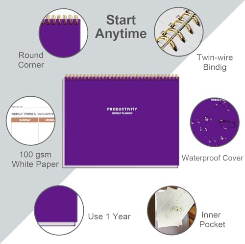 Weekly Productivity Planner - 8.5" x 11" Dashboard Desk Notepad Has 6 Focus Areas to List Tasks for Goals, Projects, Clients, Academic or Meal-Organize Your Daily Work Efficiently, 54 Weeks, Purple