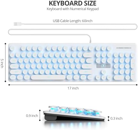 surmen Cute Quiet Keyboard Wired Typewriter Keyboard, Light Up Backlit PC Keyboards with Retro Round Keys Full Size 104 Keys for Office Computer (White)
