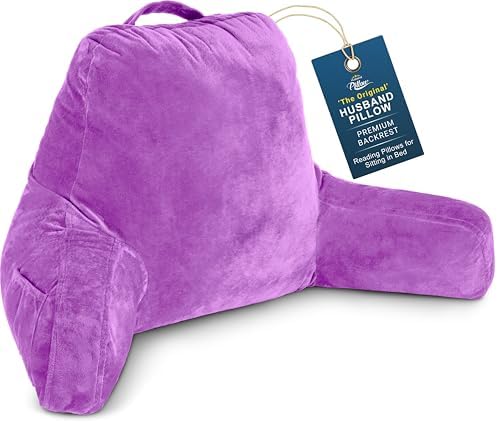 Husband Pillow Light Purple, Original Reading Pillow in Bed Rest Chair, Shredded Memory Foam Large Lounge Cushion Adult Backrest with Arms, Comfy Back Support for Sit Sitting Up, Wash/Removable Cover
