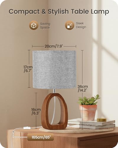 Gray Table Lamp, Small Wood Bedside Lamp with Gray Linen Lampshade & Dark Pearwood Base, Modern Nightstand Lamp for Bedroom, Kid's Room, Cute Desk Lamp with Cable, E26 Socket, LH07TL05