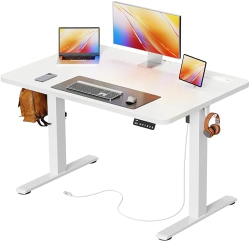 Huuger 39 X 24 Inch Electric Standing Desk with Power Outlets and USB-C Port, Height Adjustable Desk, Sit Stand Desk for Home Office, Computer & Gaming Desk with 3 Presets, Stable Steel Frame, White