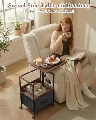 Faesun Night Stand with Charging Station & Swivel Top, Walnut Gray