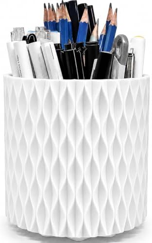 Lebenrich Rotating Pen Holder for Desk, 5 Slots Easthetic Pencil holder Desk Organizer Supplies and Accessories for Women Girls, Pencil Cup for Office Home Art Supply, White
