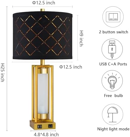 Set of 2 Modern Table Lamps for Living Room Bedroom with USB C+A