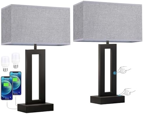Seealle Nightstand Table Lamps for Bedrooms Set of 2 - Touch Bedside Lamp with USB C+A, 3 Way Dimmable Living Room End Tables 2, Modern Night Stand Bed Side Guest Room(Grey) B. Grey