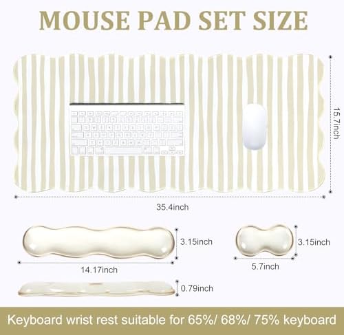L-SPOUTTO Beige Striped Mouse Pad Set,Scalloped XXL Desk Mat + Ergonomic Mouse Wrist Rest + Gel Keyboard Wrist Rest for Keyboard 65%/75%,3in1 Large Desk Pad for Desktop Home Office Computer Game