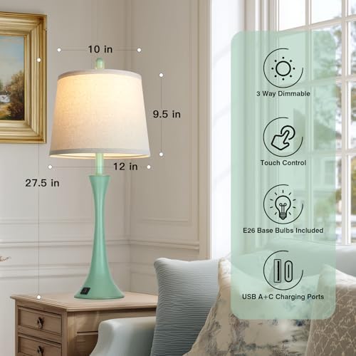 Rinweey Coastal Modern Green Table Lamps Set of 2 for Living Room, 27.5" Tall Bedside Lamp with USB Charging Port,3-Way Dimmable Touch Nightstand Lamp for Bedroom Desk Side Table Office,Green